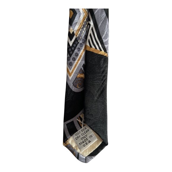 Alexander Lloyd Men’s Silk Tie – Geometric Diamond Pattern – Black, Gold, Gray – - Picture 2 of 4